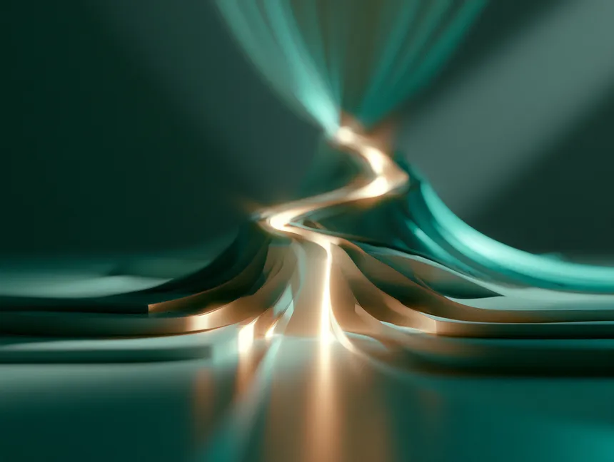 One glowing path rising from many layers