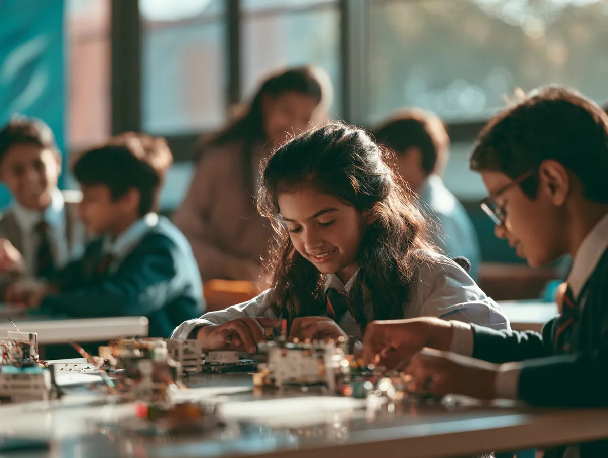 A bright modern Indian classroom maker-space with students building
