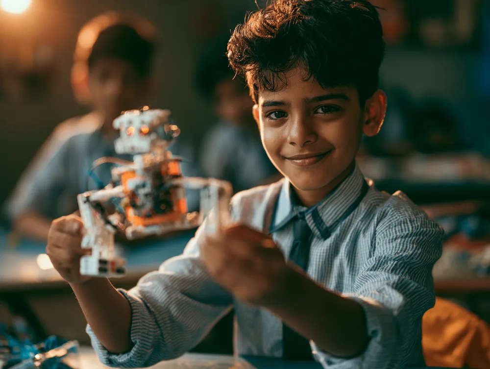 A young student proudly holding up a small robot build