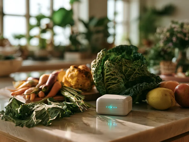 A compact freshness tracker beside fresh produce