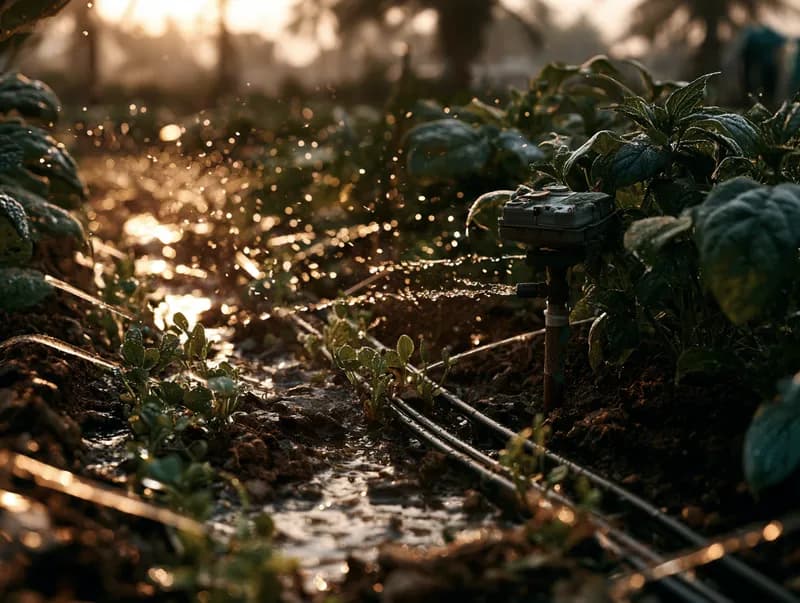 A smart drip-irrigation sensor watering a lush field